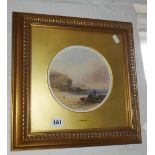 19th c. gilt framed and mounted circular watercolour of a coastal scene inscribed T. Harper