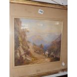 18th c. watercolour of Italian mountain scene with figures, gilt frame