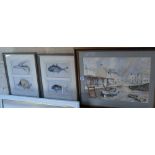 Watercolour of a harbour & town scene by Ian H. Wright, dated 1989, together with two French
