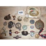 Quantity of old enamel badges (some military) and a collection of silk cigarette cards