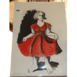 A Sasha Bowles monoprint and acrylic picture of a girl in a red dress, signed and dated
