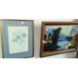 Victorian reverse painting on glass of a river scene with church & windmill, and a study of