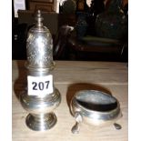 Georgian silver sugar shaker by Jabez Daniel, London 1750, and a silver salt also 1750, approx 5.5