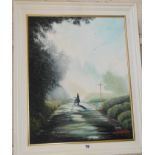 An oil on canvas of a solitary figure with bicycle at a crossroads on a country lane by