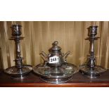 Victorian Neo-Classical silver plate and champleve enamel inkstand with matching candlesticks