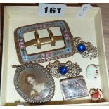 Enamelled buckle, silver patch box, continental silver pendant with miniature lady portrait,