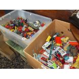 Two crates of assorted "played with" Dinky, Corgi & Matchbox etc diecast vehicles