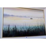 Christopher DEE, oil on canvas of fishermen in rowing boat on a lake with reeds to foreground, 24" x