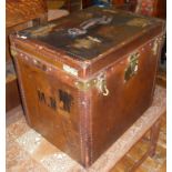 A Malles Goyard leather baggage hat cabin trunk, brass bound with maker's labels, 20" wide x 18"