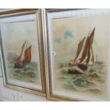 Pair of large Victorian watercolours of Cornish sail fishing boats in rough seas, signed and dated
