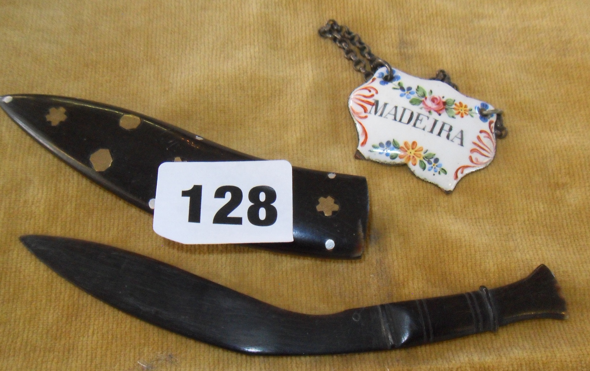 Carved horn Kukri dagger with inlaid horn sheath, and painted enamel decanter label "Madeira" - Image 2 of 3