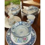 Two blue & white tureens, a Staffs figure and others