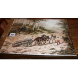 Hand painted porcelain plaque depicting horse drawn timber cart