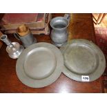 Old pewter plates and a pewter tankard, etc