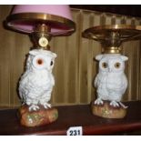 Two unusual Victorian china oil lamps in the form of owls with glass eyes (1 missing shade)