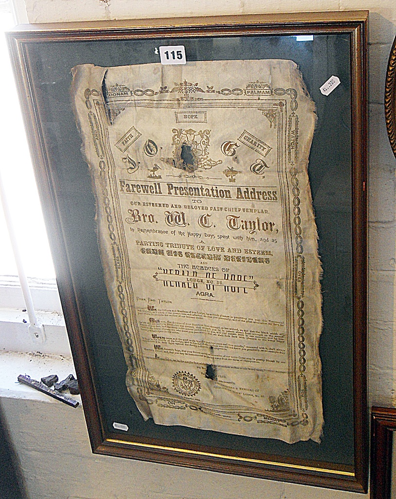 Masonic interest: Framed printed silk "Independent Order of Templars Farewell Presentation Address