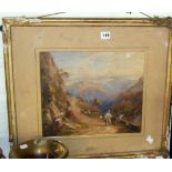 18th c. watercolour of Italian mountain scene with figures, gilt frame