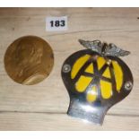 Automobilia - old AA car badge, and a commemorative Jules Miesse bronze medal