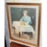 Constance Bull (XX) a watercolour portrait of a woman seated at a table titled verso "Lyn",