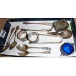 Silver teaspoons x five (two with Dublin hallmarks for 1813), two silver sugar tongs, and two silver