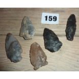 Tribal Art: five Native American arrow heads from the Greene County area, USA