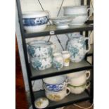 Seven various chamber pots, inc. flo blue, a water jug and soap dishes