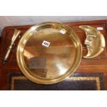 Brass pub tray, brass moon ashtray, hunting horn and French bronze medal by G. Dupre