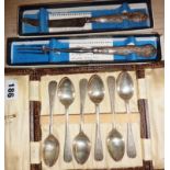 Set of six silver teaspoons in case, together with a silver-handled pickle fork & grapefruit knife