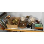 Shelf of assorted items including long Victorian glass rolling ruler, a horse bit