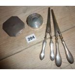 Two hallmarked silver powder compacts and two silver handled glove stretchers