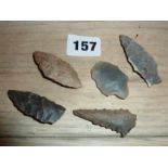 Tribal Art: five Native American arrow heads from the Greene County area, USA