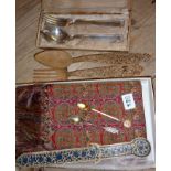 Finely carved treen fork & spoon, a Japanese woven scarf in box, a silver-plated two-piece cutlery