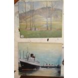 Unframed oil on canvas landscape by F. Cook dated 1930, and an oil on canvas of the SS Queen