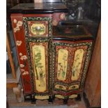 Oriental painted and lacquered cabinet of three shaped doors and drawer