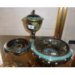 Chinese cloisonne bowls x 2 and a goblet with cover, decorated with dragons etc., goblet is approx