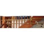 Brass railway carriage rack from SNCF railway comprising three bars with sliding coat hooks