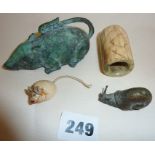 Bronze figure of a rat, a similar snail, a figural carved bone toggle (possibly Napoleonic