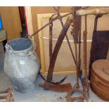 Galvanised well bucket, iron anchor, and other rusty items