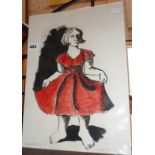 A Sasha Bowles monoprint and acrylic picture of a girl in a red dress, signed and dated