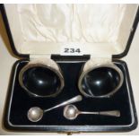 Pair of silver salts and spoons in case