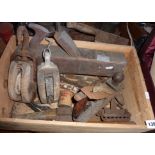 Two rigging blocks, 2 planes etc., a quantity of salt glazed gin bottles