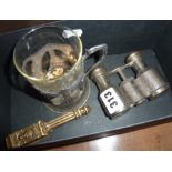Theatre related items inc. French opera glasses, a pewter glass holder inscribed Chemnitz Theatre