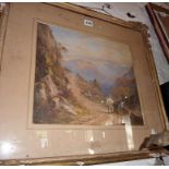 18th c. watercolour of Italian mountain scene with figures, gilt frame