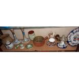 Shelf of assorted china including Leach Pottery Standard Ware handled bowl and Japanese Meiji vases
