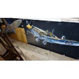 Surrealist acrylic painting on perspex of a crashed Spitfire underwater, 23" x 40", artist