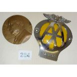 Automobilia - old AA car badge, and a commemorative Jules Miesse bronze medal