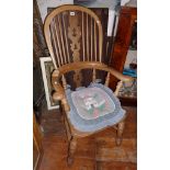 Ash & elm farmhouse kitchen stickback armchair having fretted central splat and standing on turned