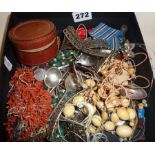 Assorted jewellery and other items, inc. two silver teaspoons, a coral necklace etc.