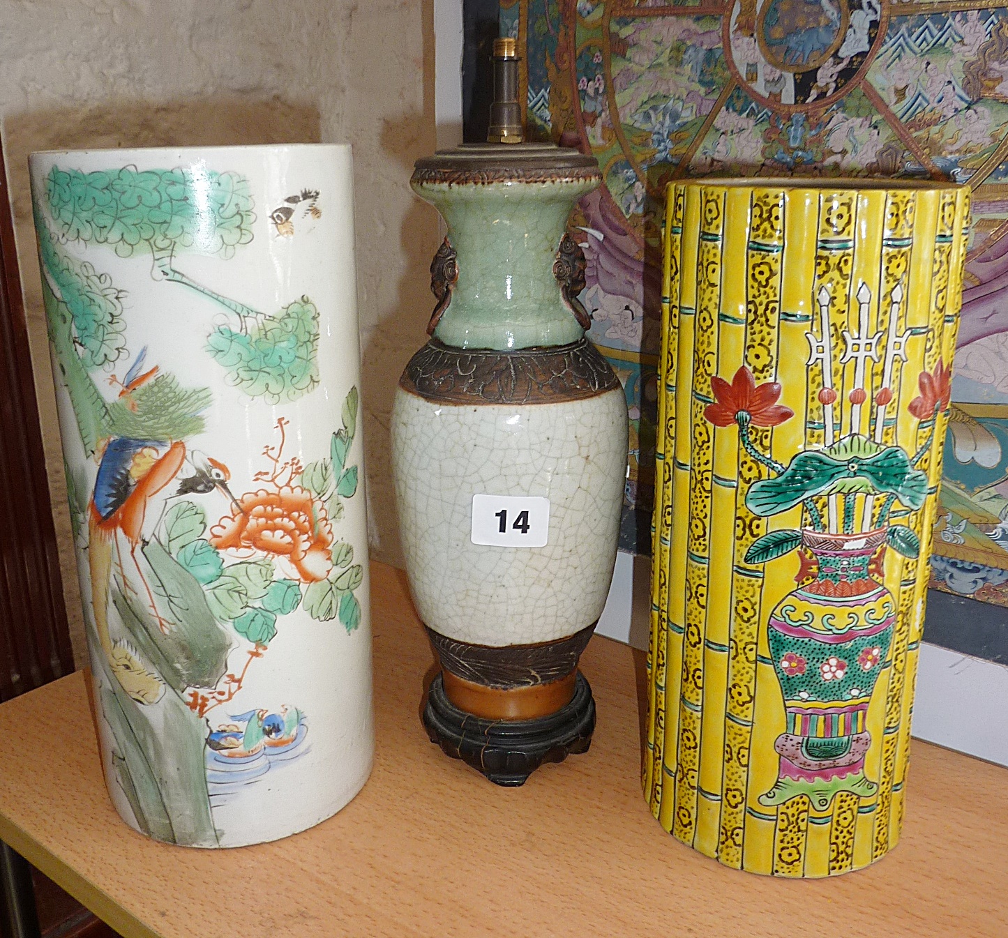 Chinese porcelain, two cylindrical vases, one yellow bamboo effect with 6 character marks to base,