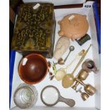 Terracotta flask, two 19th c. silver mounted horn spoons, and other items